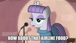 Size: 800x450 | Tagged: safe, edit, edited screencap, imported from derpibooru, screencap, maud pie, pony, the maud couple, airline food, brick wall, comedy, ferb fletcher, joke, maud the comedian, meme, phineas and ferb, solo, stand-up comedy