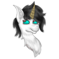 Size: 960x964 | Tagged: safe, artist:lil_vampirecj, imported from derpibooru, oc, oc only, oc:wafflemare, pony, unicorn, black mane, blue eyes, brown eyes, bust, ears up, fluffy, food, looking at you, looking back, looking back at you, photo, raffle prize, smiling, smiling at you, solo, waffle, white body