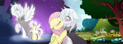 Size: 7597x2746 | Tagged: safe, artist:darkstorm mlp, imported from derpibooru, fluttershy, oc, oc:wishing star, alicorn, pegasus, pony, alicorn oc, alternate universe, bandage, bandaged leg, blushing, canon x oc, cloak, clothes, female, filly, filly fluttershy, horn, injured, kissing, male, paradox, shipping, straight, time travel, wings, younger