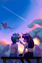 Size: 1800x2719 | Tagged: safe, artist:mrscroup, imported from derpibooru, rainbow dash, twilight sparkle, alicorn, anthro, pegasus, bench, boop, clothes, cloud, contrail, female, floating wings, horn, jeans, lesbian, noseboop, open mouth, pants, plane, ponytober, shipping, sitting, sky, stars, twidash, twilight sparkle (alicorn), wings