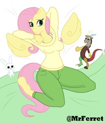 Size: 1700x2000 | Tagged: safe, artist:mr.ferret, imported from derpibooru, angel bunny, discord, fluttershy, anthro, unguligrade anthro, breasts, busty fluttershy, clothes, floating wings, pants, plushie, sexy, solo, sweater, sweatershy, wings