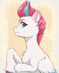 Size: 2560x3200 | Tagged: safe, artist:chopchopguy, imported from derpibooru, part of a set, zipp storm, pegasus, pony, chest fluff, colored eyebrows, female, g5, high res, looking at you, looking back, looking back at you, mare, my little pony: a new generation, profile, smiling, solo, unshorn fetlocks, wings