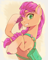 Size: 2560x3200 | Tagged: safe, artist:chopchopguy, imported from derpibooru, part of a set, sunny starscout, earth pony, pony, badge, bag, braid, coat markings, colored eyebrows, colored hooves, colored pupils, eyebrows, female, g5, grin, high res, looking at you, mare, my little pony: a new generation, pin, profile, raised hoof, smiling, socks (coat markings), solo, twilight sparkle's cutie mark, unshorn fetlocks