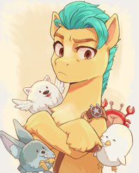 Size: 2560x3200 | Tagged: safe, artist:chopchopguy, imported from derpibooru, part of a set, hitch trailblazer, bird, crab, dog, earth pony, pomeranian, pony, rabbit, seagull, animal, badge, blaze (coat marking), bucktooth, chest fluff, cloudpuff, coat markings, colored eyebrows, critter magnet, critters, crossed arms, crossed hooves, eyes closed, facial markings, flying pomeranian, frown, g5, high res, hitch trailblazer is not amused, male, mcsnips-a-lot, my little pony: a new generation, open mouth, open smile, pale belly, sash, sheesh, sheriff's badge, smiling, stallion, unamused, unshorn fetlocks, winged dog