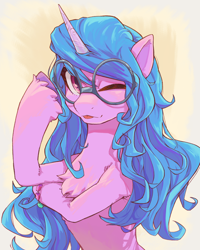 Size: 2560x3200 | Tagged: safe, artist:chopchopguy, imported from derpibooru, part of a set, izzy moonbow, pony, unicorn, ;p, bracelet, chest fluff, cute, female, g5, glasses, high res, horn, izzybetes, jewelry, looking at you, mare, my little pony: a new generation, one eye closed, raised hoof, round glasses, solo, tongue out, unshorn fetlocks, wink