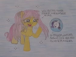 Size: 640x480 | Tagged: safe, artist:candycicada, imported from derpibooru, fluttershy, rarity, pegasus, pony, unicorn, crossover, cute, daaaaaaaaaaaw, emiri katou, hiiragi kagami, lucky star, shyabetes, traditional art, voice actor joke