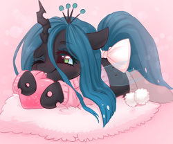 Size: 960x800 | Tagged: safe, artist:valeria_fills, imported from derpibooru, queen chrysalis, changeling, changeling queen, abstract background, biting, blushing, bow, bowtie, clothes, cute, cute little fangs, cutealis, eyelashes, fangs, female, heart, heart pillow, horn, one eye closed, pillow, socks, solo, sweater, tail, tail bow, weapons-grade cute, wings