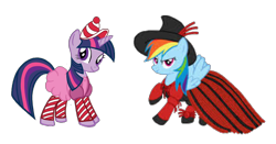 Size: 1144x600 | Tagged: safe, imported from derpibooru, rainbow dash, twilight sparkle, pegasus, pony, unicorn, candyland, clothes, costume, licorice, looking at you, lord licorice, mr. mint, rainbow dash always dresses in style, simple background, smiling, transparent background, unicorn twilight, wings