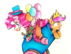 Size: 1032x775 | Tagged: safe, artist:liaaqila, imported from derpibooru, pinkie pie, scootaloo, earth pony, pegasus, pony, balloon, clown, crown, cute, duo, duo female, female, fire, jewelry, match, mouth hold, party cannon, pony cannonball, regalia, simple background, unwilling, white background, wide eyes, yelling