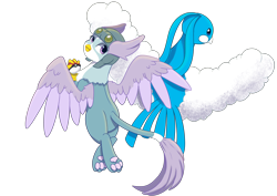 Size: 4960x3508 | Tagged: safe, artist:backgroundpony#f352, imported from derpibooru, altaria, griffon, crossover, duo, eyes open, female, flying, griffonized, helmet, paw pads, paws, poké ball, pokémon, simple background, species swap, spread wings, transparent background, wings, winona (pokémon)