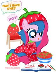 Size: 766x1000 | Tagged: safe, artist:jennieoo, imported from derpibooru, oc, oc only, oc:star sparkle, pony, blue eyes, book, chair, clothes, coloring book, costume, dialogue, food, footed sleeper, footie pajamas, greedy, hat, kigurumi, onesie, pajamas, plushie, selfish, show accurate, simple background, sitting, solo, speech bubble, strawberry, tail, tongue out, transparent background, two toned mane, two toned tail, vector