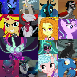 Size: 894x894 | Tagged: safe, edit, edited screencap, imported from derpibooru, screencap, adagio dazzle, cozy glow, discord, gaea everfree, gloriosa daisy, grogar, king sombra, lord tirek, nightmare moon, pony of shadows, princess luna, queen chrysalis, sci-twi, starlight glimmer, storm king, sunset shimmer, tempest shadow, twilight sparkle, alicorn, centaur, changeling, changeling queen, draconequus, human, pegasus, pony, sheep, taur, unicorn, equestria girls, equestria girls (movie), friendship games, legend of everfree, my little pony: the movie, rainbow rocks, antagonist, cape, clothes, collage, female, filly, male, midnight sparkle, ram