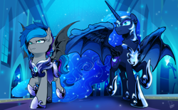 Size: 4000x2480 | Tagged: safe, alternate version, artist:dormin-dim, imported from derpibooru, nightmare moon, oc, oc:lyssa, alicorn, bat pony, pony, alternate character, armor, bat pony oc, castle, commission, duo, duo female, ear fluff, ethereal mane, fangs, female, guardsmare, helmet, horseshoes, mare, night guard, nightmare moon armor, peytral, royal guard, spread wings, walking, wings, ych result