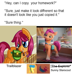 Size: 782x809 | Tagged: safe, edit, edited screencap, imported from derpibooru, screencap, sunny starscout, oc, oc:trailblazer, earth pony, pony, spoiler:my little pony: a new generation, can i copy your homework?, comparison, g5, meme, my little pony: a new generation, op is a duck