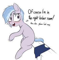 Size: 2341x2355 | Tagged: safe, artist:pinkberry, imported from derpibooru, oc, oc only, oc:winter azure, earth pony, pony, alternate hairstyle, blushing, braces, clothes, colored sketch, colt, crossdressing, cute, dialogue, earth pony oc, embarrassed, eyelashes, femboy, freckles, girly, hair over one eye, high res, imminent crossdressing, locker room, male, ocbetes, one-piece swimsuit, sitting, sketch, solo, speech, sweat, sweatdrops, swimsuit, talking, trap