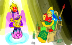 Size: 1280x800 | Tagged: safe, artist:horsesplease, imported from derpibooru, gallus, pipp petals, sprout cloverleaf, armor, bottle, clothes, crowing, crown, drunk, emperor, emperor sprout, fantasy, g5, gallus the rooster, goddess, helmet, immortal, jewelry, khopesh, mythology, pipp is immortal, rabydosverse, regalia, robes, sad sprout, sarmelonid, scribe, sleeping, spear, spider web, spinel, sword, this will end in death, this will end in hell, throne, tomb, vozonid, waterlily, weapon, роисся вперде