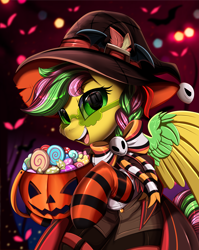 Size: 2550x3209 | Tagged: safe, artist:pridark, imported from derpibooru, part of a set, oc, oc only, oc:biolachan breeze, pegasus, pony, bucket, candy, clothes, commission, costume, female, food, green eyes, halloween, hat, high res, holiday, horn, jack-o-lantern, mare, open mouth, part of a series, pegasus oc, pumpkin, pumpkin bucket, red eyes, socks, solo, striped socks, witch hat, ych result