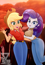 Size: 1207x1710 | Tagged: safe, artist:theretroart88, imported from derpibooru, applejack, rarity, equestria girls, equestria girls series, five to nine, autumn, best friends, breasts, busty applejack, busty rarity, clothes, country applejack, cute, duo, female, jackabetes, jeans, looking at you, open mouth, open smile, pants, raribetes, smiling, stupid sexy applejack, stupid sexy rarity, tree, waving