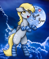 Size: 936x1125 | Tagged: safe, artist:toastpone, imported from derpibooru, derpy hooves, ditzy doo, pegasus, pony, bipedal, clothes, cloud, female, floppy ears, moon, nyan nyan dance, open mouth, open smile, smiling, socks, solo, striped socks