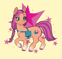 Size: 2491x2364 | Tagged: safe, artist:siukslle, imported from derpibooru, sunny starscout, earth pony, pony, backwards cutie mark, badge, bag, braid, coat markings, colored eyebrows, colored hooves, colored pupils, eyebrows, female, g5, high res, looking at you, mare, pin, raised hoof, satchel, simple background, smiling, socks (coat markings), solo, stars, unshorn fetlocks, yellow background