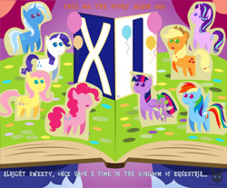 Size: 1870x1551 | Tagged: safe, artist:wheatley r.h., derpibooru exclusive, imported from derpibooru, applejack, fluttershy, pinkie pie, rainbow dash, rarity, spike, starlight glimmer, sunny starscout, trixie, twilight sparkle, alicorn, dragon, earth pony, pegasus, pony, unicorn, argyle starshine, book, g4, g5, happy birthday mlp:fim, mane seven, mane six, mlp fim's eleventh anniversary, my little pony: a new generation, pointy ponies, story, twilight sparkle (alicorn), vector, watermark, winged spike, wings