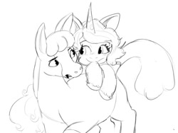 Size: 640x480 | Tagged: safe, artist:beckydoki, imported from derpibooru, izzy moonbow, horse, pony, unicorn, centaurworld, crossover, cute, duo, female, g5, horse (centaurworld), kimiko glenn, mare, monochrome, voice actor joke