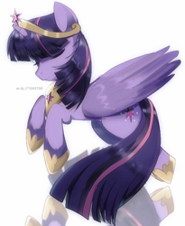 Size: 2425x2958 | Tagged: safe, artist:glitterstqr, imported from derpibooru, twilight sparkle, alicorn, pony, big crown thingy, element of magic, eyes closed, female, high res, hoof shoes, jewelry, mare, peytral, reflection, regalia, simple background, solo, twilight sparkle (alicorn), white background