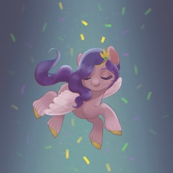 Size: 1024x1024 | Tagged: safe, artist:cpid, imported from derpibooru, pipp petals, pegasus, pony, adorapipp, confetti, cute, eyes closed, female, g5, mare, my little pony: a new generation, open mouth, pixiv, solo