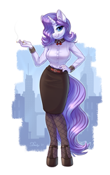 Size: 2208x3508 | Tagged: safe, artist:dandy, imported from derpibooru, rarity, anthro, unguligrade anthro, unicorn, bedroom eyes, belt, bioshock, bioshock infinite, breasts, cigarette, clothes, cosplay, costume, female, hair over one eye, hand on hip, high res, looking at you, mare, shirt, shoes, skirt, solo, stockings, thigh highs