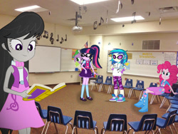 Size: 1032x774 | Tagged: safe, edit, edited edit, editor:undeadponysoldier, imported from ponybooru, octavia melody, pinkie pie, sci-twi, spike, spike the regular dog, twilight sparkle, vinyl scratch, dog, equestria girls, backpack, belt, bowtie, chair, classroom, clothes, dj glasses, equestria girls in real life, female, glasses, happy, headphones, highschool, irl, male, music class, music notes, photo, ponytail, projector, reading, school, shoes, sitting, skirt, smiling, walking