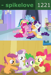 Size: 382x560 | Tagged: safe, artist:porygon2z, edit, edited screencap, editor:undeadponysoldier, imported from ponybooru, screencap, apple bloom, applejack, fluttershy, pinkie pie, rainbow dash, rarity, scootaloo, spike, sweetie belle, twilight sparkle, alicorn, dragon, earth pony, pegasus, pony, unicorn, the ending of the end, book, bow, clubhouse, crusaders clubhouse, cute, cutie mark crusaders, female, filly, group hug, hair bow, hug, lying down, male, mane seven, mane six, mare, massage, sitting, spikelove, twilight sparkle (alicorn)