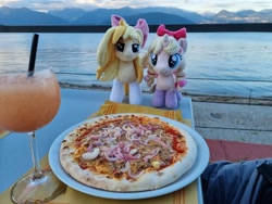 Size: 1200x900 | Tagged: safe, artist:xeto_de, imported from derpibooru, oc, oc:lily allure, oc:wingblossom, food, irl, italy, lake, photo, pizza, plushie