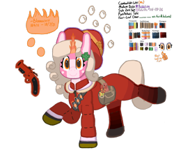 Size: 1400x1300 | Tagged: safe, alternate version, artist:bloonacorn, pony, unicorn, bag, balloonicorn, clover, female, fireworks, flare gun, four leaf clover, hat, looking at you, madame dixie, magic, mare, palette, ponified, pyro, raised hoof, saddle bag, simple background, smiling, smiling at you, solo, solo female, standing on two hooves, team fortress 2, telekinesis, transparent background, zipper