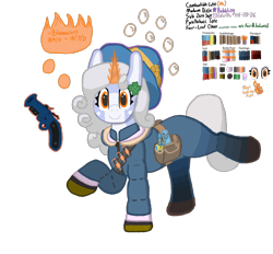 Size: 1400x1300 | Tagged: safe, alternate version, artist:bloonacorn, pony, unicorn, bag, balloonicorn, clover, female, fireworks, flare gun, four leaf clover, hat, looking at you, madame dixie, magic, mare, palette, ponified, pyro, raised hoof, saddle bag, simple background, smiling, smiling at you, solo, solo female, standing on two hooves, team fortress 2, telekinesis, transparent background, zipper