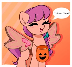 Size: 4096x3804 | Tagged: safe, artist:kittyrosie, imported from derpibooru, sunny starscout, earth pony, pony, blushing, cardboard box, eyes closed, fake wings, g5, halloween, holiday, my little pony: a new generation, open mouth, pumpkin bucket