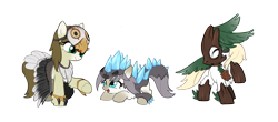 Size: 3483x1536 | Tagged: safe, artist:marbo, imported from ponybooru, oc, oc only, oc:meadow frost, oc:snowfall, oc:whittlehoof, pony, /mlp/, about to pounce, chest fluff, clothes, coat markings, costume, cute, female, filly, fluffy, hoof fluff, prone, raised hoof, raised leg, simple background, snowpony (species), socks (coat marking), taiga pony, transparent background, underhoof