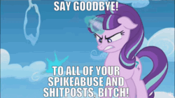 Size: 960x537 | Tagged: safe, edit, edited screencap, editor:undeadponysoldier, imported from ponybooru, screencap, starlight glimmer, pony, unicorn, the cutie re-mark, angry, animated, backpack, bitch, caption, cloudsdale, edited gif, female, gif, goodbye, gritted teeth, image macro, implied abuse, implied shitposting, implied spike, implied spikeabuse, looking at you, mare, paper, ripping, scroll, solo, spike justice warriors, spikelove, talking to viewer, tearing up, text, vulgar