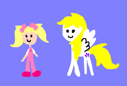 Size: 528x357 | Tagged: safe, artist:tommothetankengine57, molly williams, surprise, human, pegasus, pony, adoraprise, clothes, cute, female, g1, lavender background, mare, mollybetes, overalls, pigtails, shoes, simple background, smiley face, smiley face ponies, younger