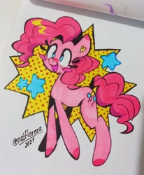 Size: 2437x2952 | Tagged: safe, artist:natflorezz, imported from derpibooru, pinkie pie, earth pony, pony, blush sticker, blushing, colored hooves, cute, diapinkes, female, heart, high res, mare, marker drawing, open mouth, solo, stars, traditional art