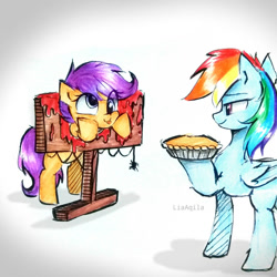 Size: 894x894 | Tagged: safe, artist:liaaqila, imported from derpibooru, rainbow dash, scootaloo, pegasus, pony, spider, :p, bipedal, cute, cutealoo, derp face, duo, duo female, eye clipping through hair, female, filly, food, mare, not blood, pie, silly, silly face, silly pony, smiling, stocks, tongue out