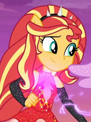 Size: 1123x1499 | Tagged: safe, imported from derpibooru, screencap, sunset shimmer, equestria girls, equestria girls series, rollercoaster of friendship, cropped, ponied up, smiling, solo focus, super ponied up