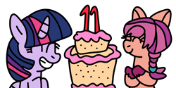 Size: 1600x800 | Tagged: safe, artist:icicle-wicicle-1517, artist:jadeharmony, color edit, edit, imported from derpibooru, sunny starscout, twilight sparkle, alicorn, earth pony, pony, birthday cake, cake, collaboration, colored, duo, eyes closed, female, food, g5, grin, happy birthday mlp:fim, mare, mlp fim's eleventh anniversary, my little pony: a new generation, simple background, smiling, sunny and her heroine, transparent background, twilight sparkle (alicorn), unshorn fetlocks