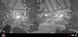Size: 1920x928 | Tagged: safe, artist:debbie yeo, imported from derpibooru, sunny starscout, earth pony, pony, spoiler:my little pony: a new generation, concept art, female, g5, globe, grayscale, hammock, living room, mare, monochrome, my little pony: a new generation, spiral stairs, sunny's house, telescope
