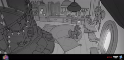 Size: 1920x928 | Tagged: safe, artist:debbie yeo, imported from derpibooru, sunny starscout, earth pony, pony, spoiler:my little pony: a new generation, concept art, female, g5, grayscale, kitchen, mare, monochrome, my little pony: a new generation, sunny's house