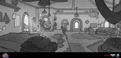 Size: 1920x928 | Tagged: safe, artist:debbie yeo, imported from derpibooru, spoiler:my little pony: a new generation, concept art, g5, globe, grayscale, living room, monochrome, my little pony: a new generation, no pony, sunny's house, telescope