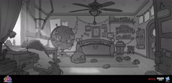 Size: 1920x928 | Tagged: safe, artist:debbie yeo, imported from derpibooru, sunny starscout, earth pony, pony, spoiler:my little pony: a new generation, bed, bedroom, concept art, desk, female, g5, globe, grayscale, mare, monochrome, my little pony: a new generation, pet, sunny's house, telescope