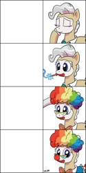 Size: 1606x3206 | Tagged: safe, artist:pony-berserker, edit, imported from derpibooru, mayor mare, rarity, pony, blue eyes, bowtie, clown, clown makeup, clown makeup meme, clown nose, disembodied hoof, duo, female, looking at you, mare, meme, meme template, offscreen character, ponified meme, red nose, template