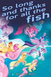 Size: 526x798 | Tagged: safe, artist:justasuta, edit, idw, imported from derpibooru, applejack, fluttershy, marini, pinkie pie, rainbow dash, rarity, silverstream, smolder, spike, star swirl the bearded, twilight sparkle, abyssinian, alicorn, diamond dog, dragon, earth pony, hippogriff, kelpie, pegasus, unicorn, zebra, spoiler:comic102, cover, crystal (g4), end of ponies, flying, g5, hitchhiker's guide to the galaxy, mane seven, mane six, molly, moonbeam twinkletail, pony history, reference to another series, season 10, twilight sparkle (alicorn), winged spike, wings