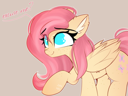 Size: 2316x1748 | Tagged: safe, artist:janelearts, imported from derpibooru, fluttershy, pegasus, pony, cute, daaaaaaaaaaaw, dialogue, ear fluff, eye clipping through hair, eyebrows, eyebrows visible through hair, female, freckles, mare, no pupils, raised hoof, shyabetes, simple background, smiling, solo, tan background