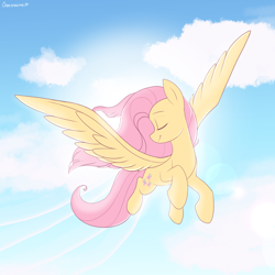 Size: 2200x2200 | Tagged: safe, artist:cottonaime, imported from derpibooru, fluttershy, pegasus, pony, bright, cloud, cute, daaaaaaaaaaaw, eyes closed, female, flying, happy, high res, mare, shyabetes, sky, smiling, solo, spread wings, turned head, wings